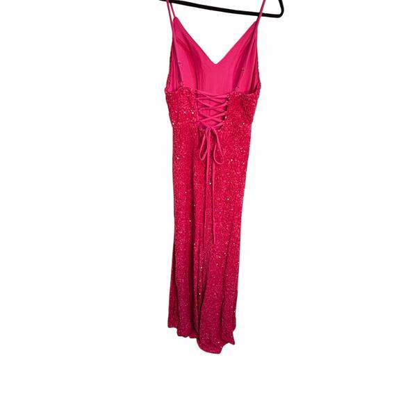 Hot Pink Sequin Formal Gown Size 12 Lace Up Back Maxi Dress Prom Evening Wedding - Picture 9 of 16